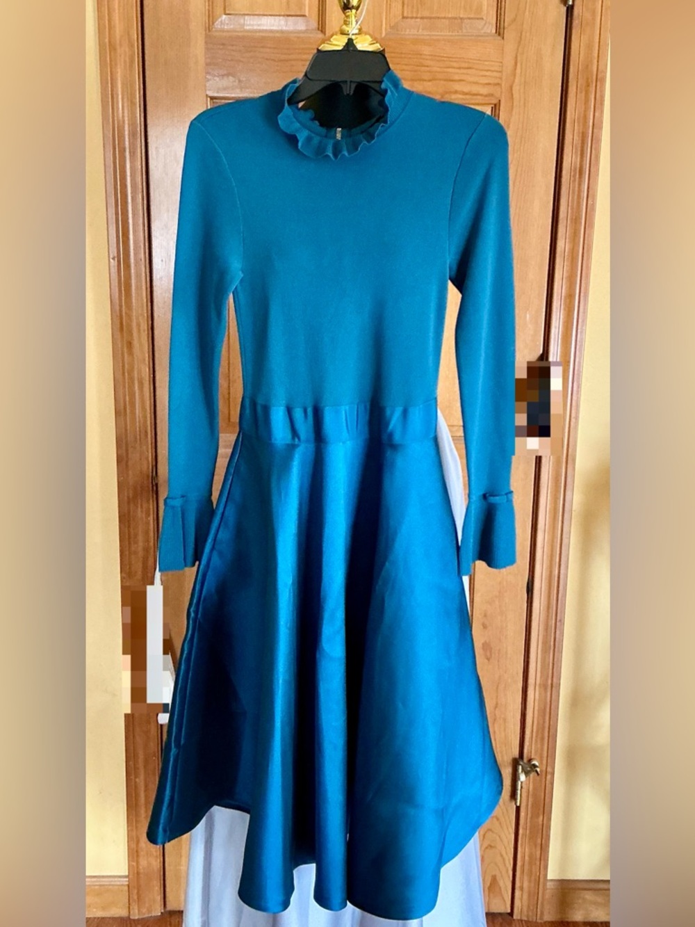 Ted Baker Teal Ruffled-Neck Long Sleeve Fit-and-Flare Dress